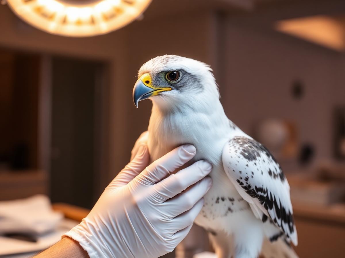 Veterinary specialist examining a white gyrfalcon in the clinic