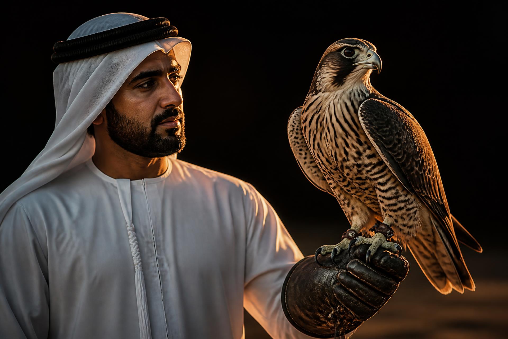 Qatari falconer holding a peregrine falcon at golden hour